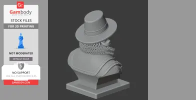 3D model of a historical figure bust with a wide-brimmed hat and detailed collar, suitable for 3D printing.