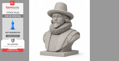 Bust of a historical figure with a ruffled collar and wide-brimmed hat, designed for 3D printing.