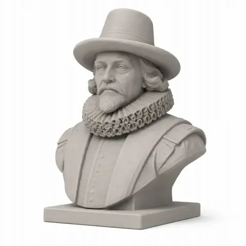 A detailed bust of a historical figure with a ruffled collar and hat, suitable for 3D printing.