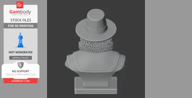 A 3D model of a bust with a tall hat and intricate ruffled collar, viewed from the back.
