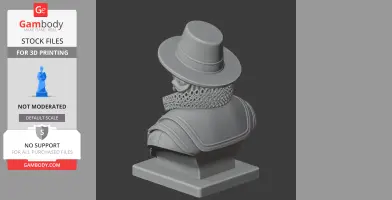 A detailed 3D bust of a historical figure with a hat and ornate collar, set on a square base.