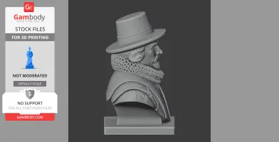 A detailed bust of a historical figure wearing a wide-brimmed hat and ruffled collar, viewed from the side.