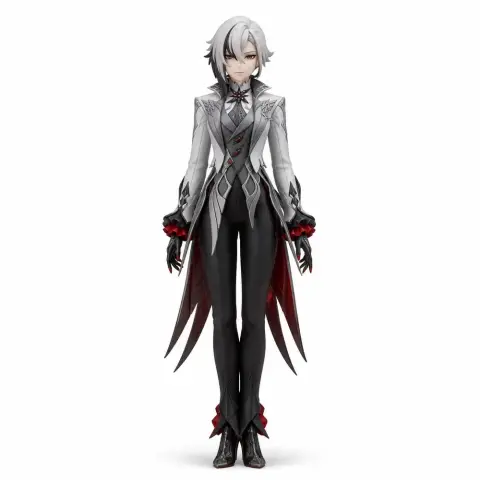Detailed figurine of a character with white hair, intricate outfit, long coat tails, and dark boots.