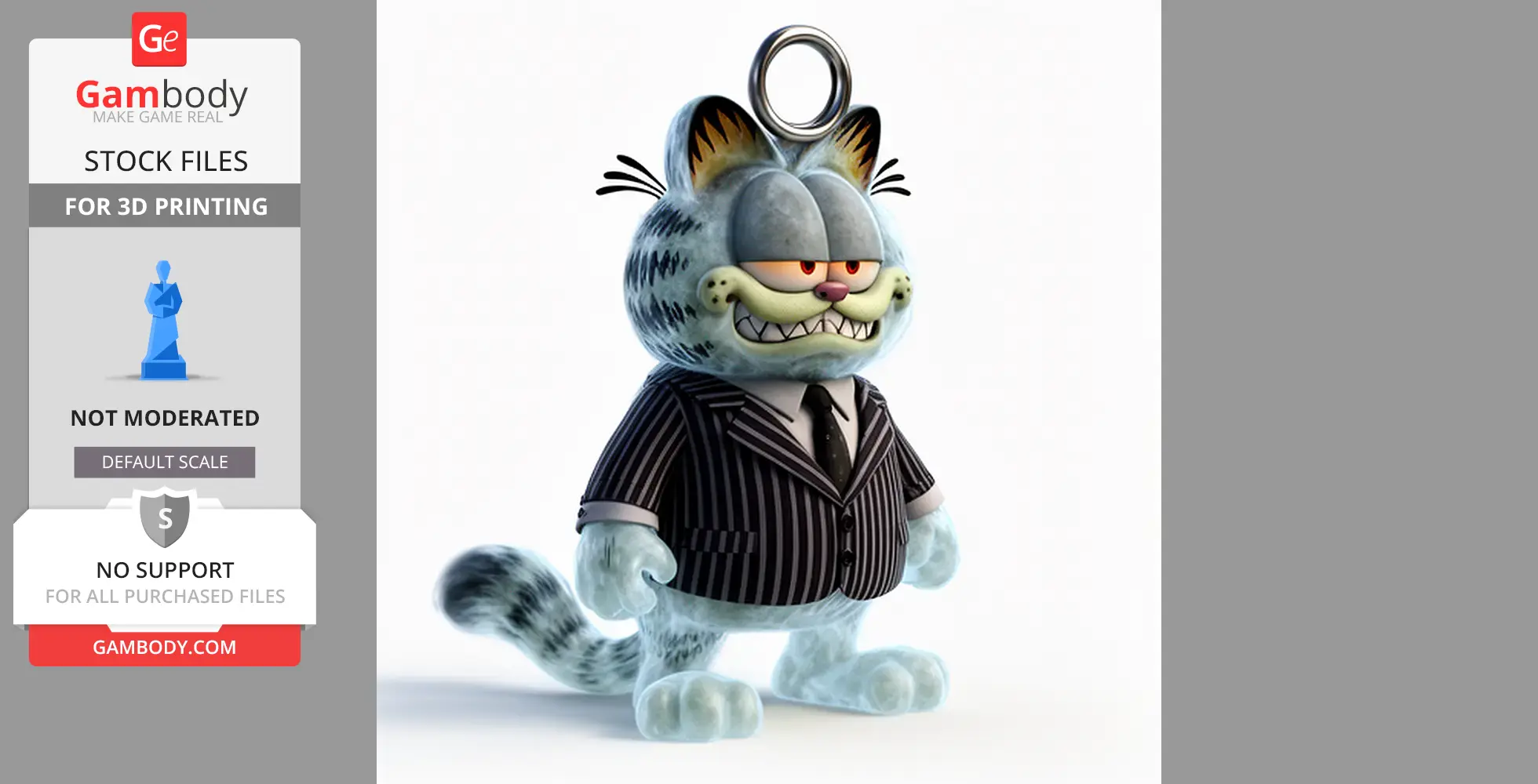 Cartoonish cat in a striped suit, grinning with a ring on its head, combining Garfield and Beetlejuice styles.