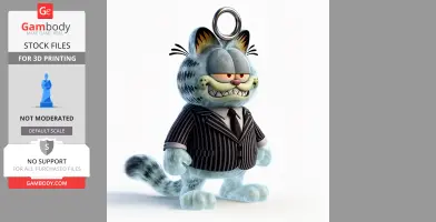 Cartoonish cat in a striped suit, grinning with a ring on its head, combining Garfield and Beetlejuice styles.