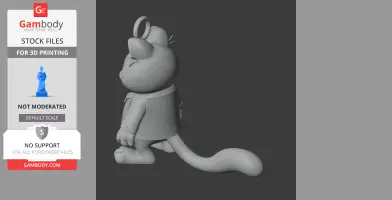 A 3D model of a character with a cat-like body, round head, and long tail, resembling a mashup figure.