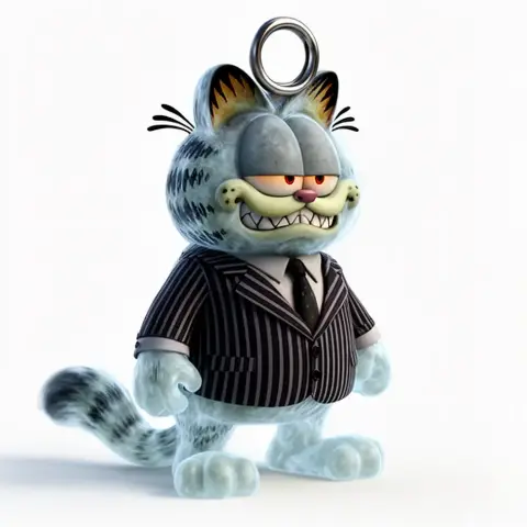 Anthropomorphic cat in a pinstripe suit with a ring on top, featuring a mischievous expression.