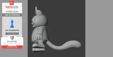 A 3D model of a cartoonish character with cat features and a long tail, standing upright.