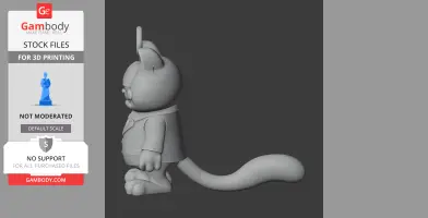 3D model of a cat-like figure in a suit with a tall hat and long tail, side view.