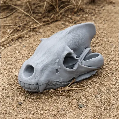 A 3D-printed brown hyena skull replica rests on sandy ground.