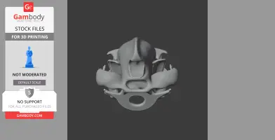 Top-down view of a 3D model of a brown hyena skull set against a dark background.
