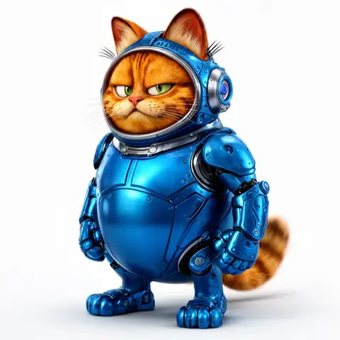 A cartoon cat in a shiny blue armored suit, resembling a superhero costume.