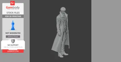 A detailed 3D model of a character in a long coat, standing with arms by sides.