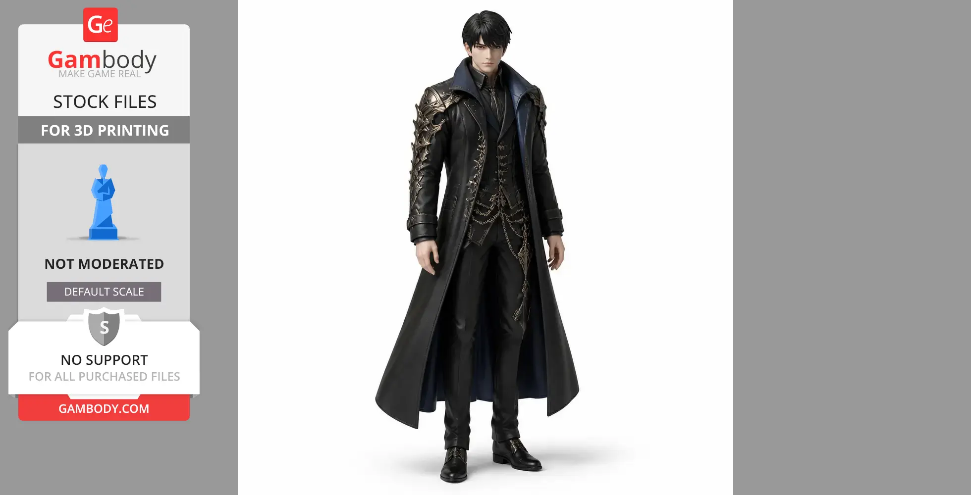 A dark-haired character in a long, ornate black coat with decorative chains and intricate shoulder details.