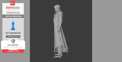 Side view of a 3D character model in a long coat, designed for 3D printing.