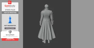3D model of a character in a long, detailed coat viewed from the back, designed for 3D printing.