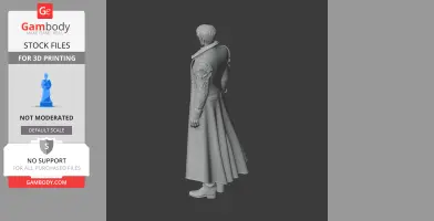 A 3D model of a character in a detailed coat, viewed from behind, designed for 3D printing.