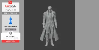 A detailed 3D model of a character in a long coat with intricate shoulder designs, ready for 3D printing.