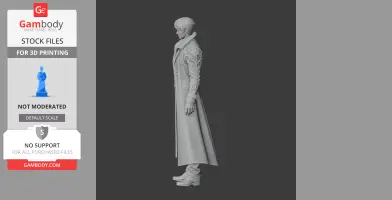 A 3D model of a standing character in a long coat with detailed sleeves, viewed from the side.