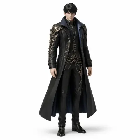A detailed 3D figurine of a dark-haired character in ornate black armor and a long coat.