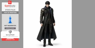 A dark-haired character in a long, ornate black coat with decorative chains and intricate shoulder details.