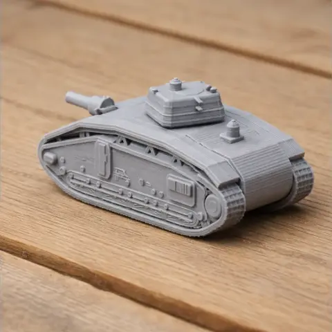 Gray 3D-printed model of an ARL V 39 tank on a wooden surface.