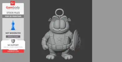 Cartoon cat in Captain America’s suit, holding a shield, with a loop atop its head for a ring.