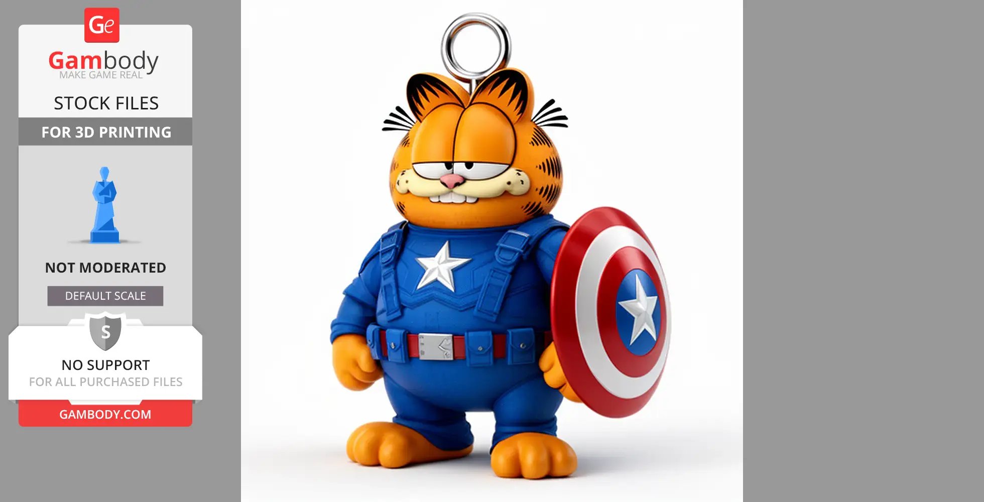 Garfield in Captain America attire with a shield, merged as a 3D printable figure keychain.