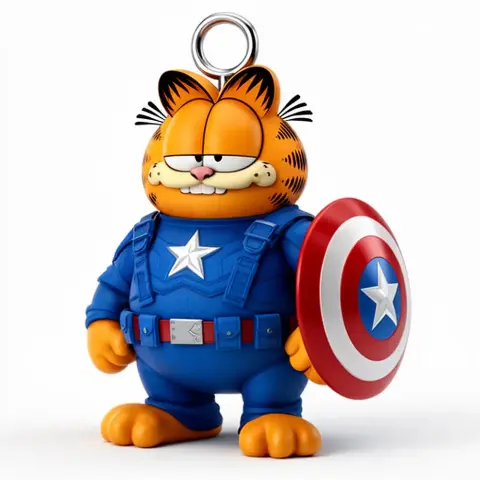 Garfield in Captain America outfit holding a shield, with a ring loop on his head for attachment.