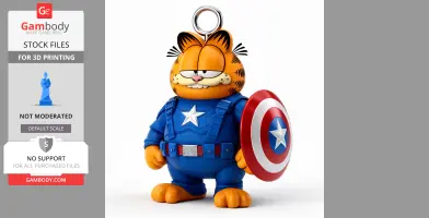 Garfield in Captain America attire with a shield, merged as a 3D printable figure keychain.