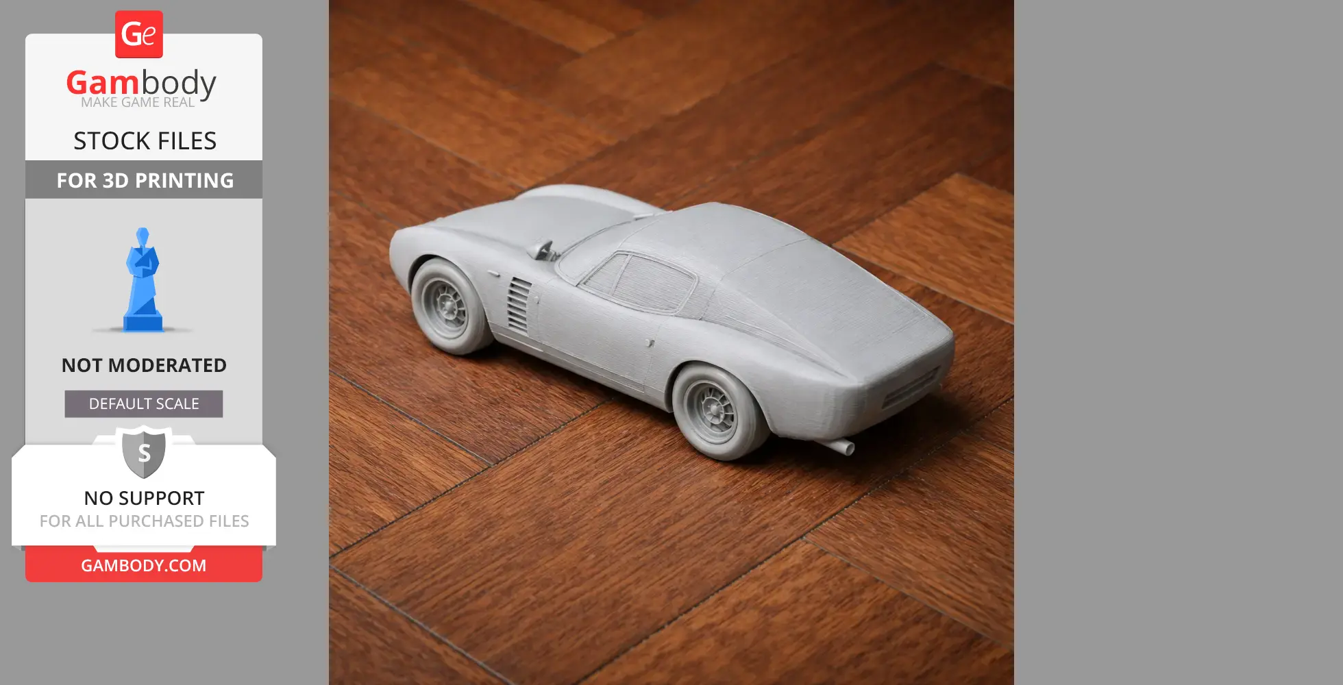 Gray 3D printed model of an Alfa Romeo Canguro car on a wooden surface.