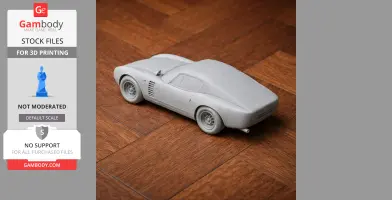 Gray 3D printed model of an Alfa Romeo Canguro car on a wooden surface.