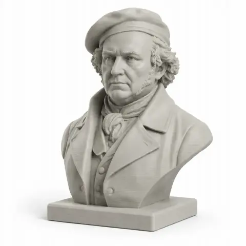 A detailed bust of a historical figure in a coat and beret, mounted on a square base.