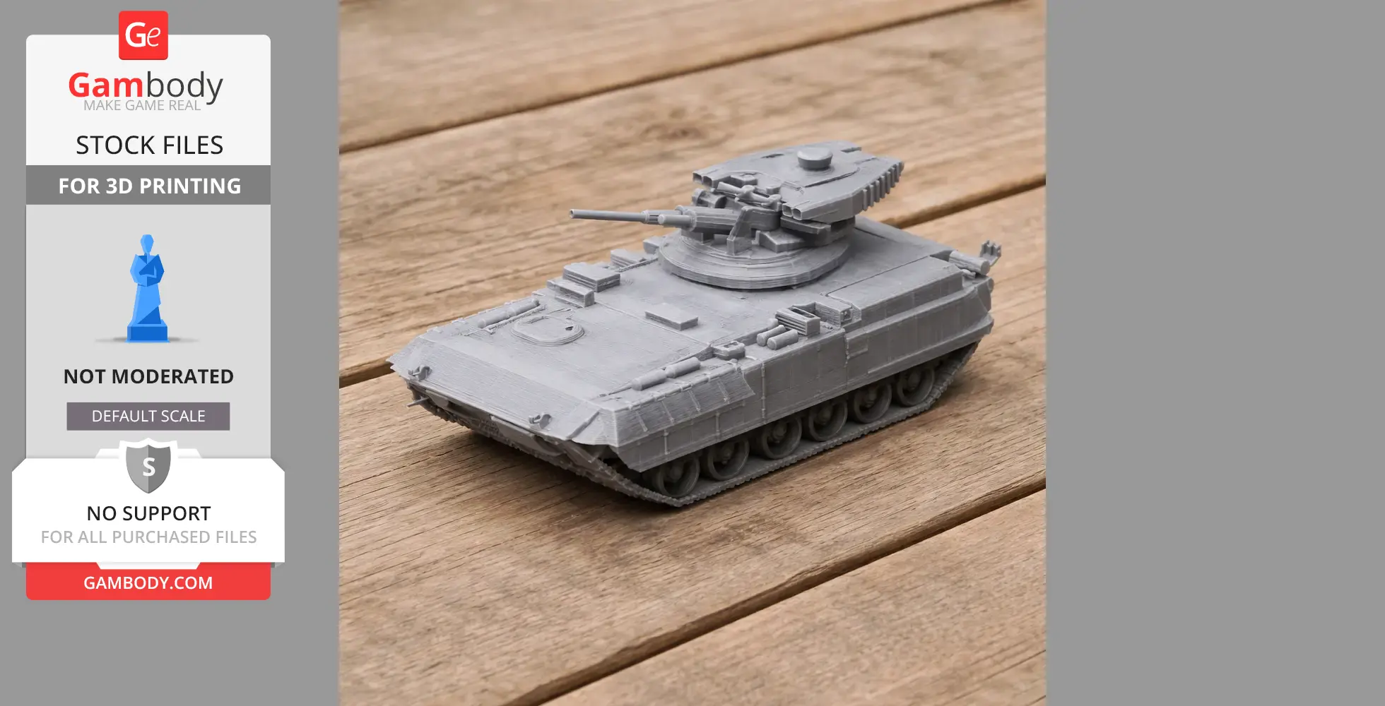 3D-printed gray tank model with turret and cannon on a wooden surface.