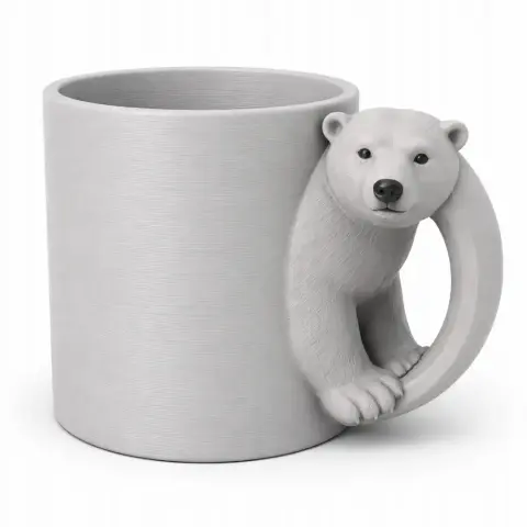 A mug with a polar bear-shaped handle, designed for 3D printing.