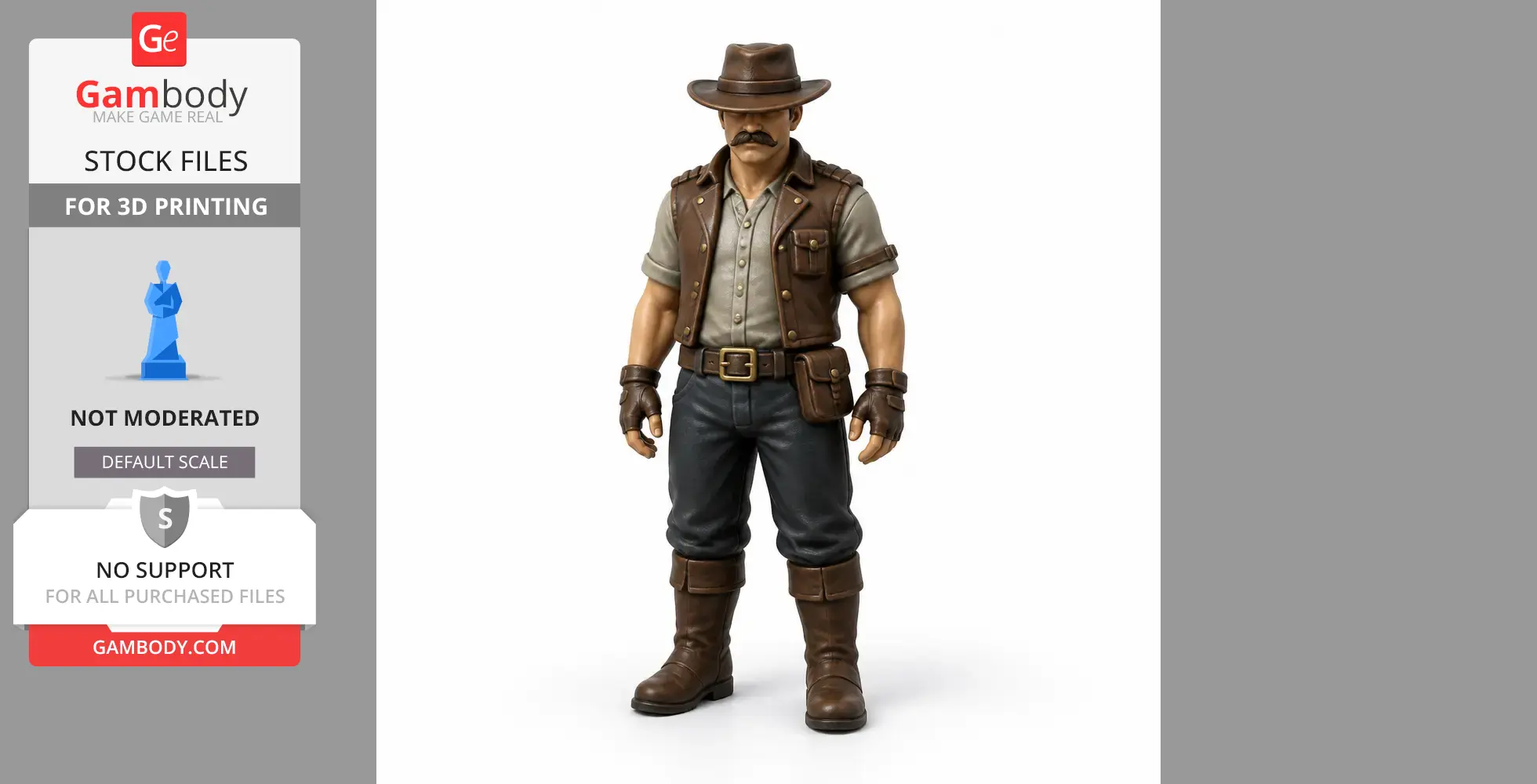 A rugged figure with a hat, vest, and boots, ready for adventure. 3D printable model from a game.