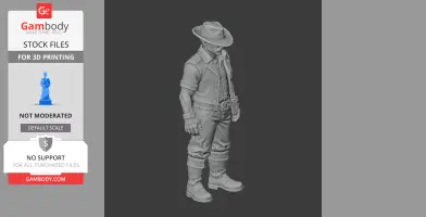 A 3D model of a cowboy-like figure with a hat, vest, gloves, and boots, ready for 3D printing.