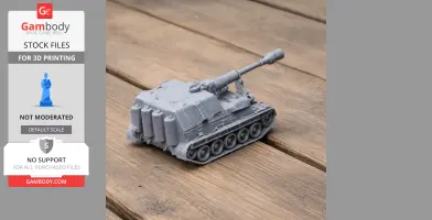 Gray 3D-printed model of an AS-90 tank on a wooden surface.
