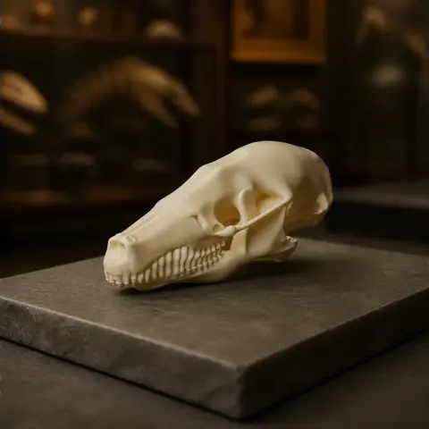3D printed Cape Golden Mole skull replica displayed on a dark platform.