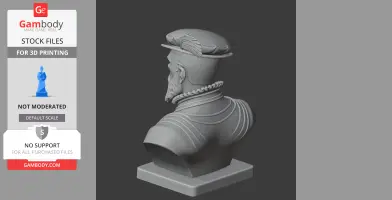 3D bust of a historical warrior, wearing a feathered cap and detailed armor, viewed from the back.