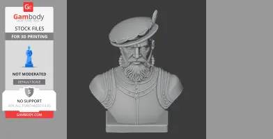 A detailed 3D bust of a bearded man wearing a feathered hat and armor.