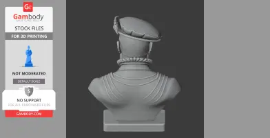 Back view of a bust showing a historical figure with a ruffled collar and a hat adorned with a feather.