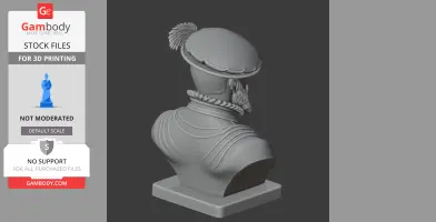 Bust of a historical warrior with plumed hat and ornate collar, designed for 3D printing.