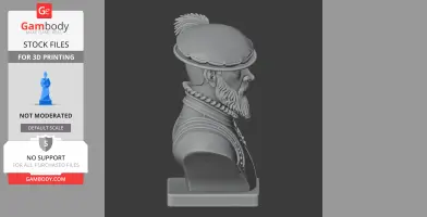 A detailed 3D bust of a historical warrior with a beard and hat, designed for 3D printing.