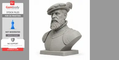 Gray bust of a historical warrior with a beard, wearing a hat and armor, suitable for 3D printing.