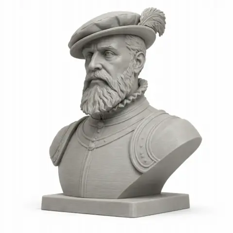 Bust of a bearded man in historical attire and cap, detailed for 3D printing.