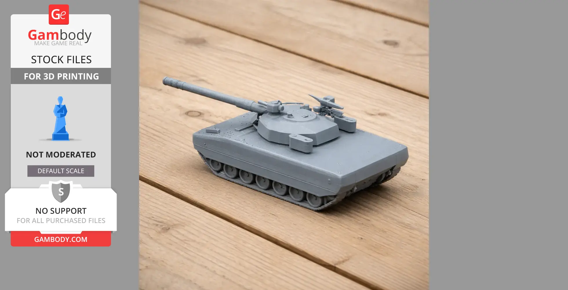 A 3D printed model of an ASCOD tank in gray, displayed on a wooden surface.
