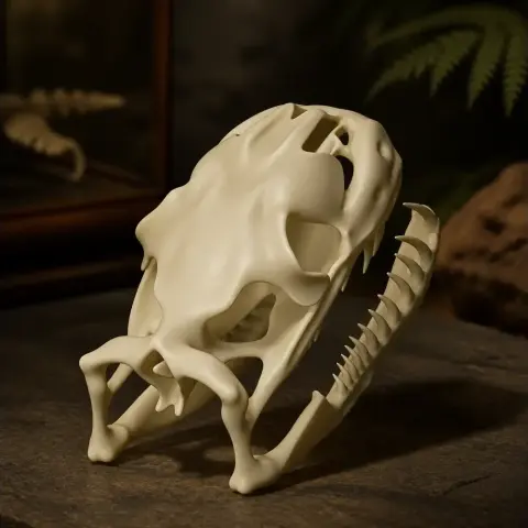 Detailed 3D-printed replica of a carpet python skull, displayed on a flat surface.