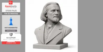 A 3D-printed bust of a man with long hair and a beard, wearing a suit and cravat, on a rectangular base.