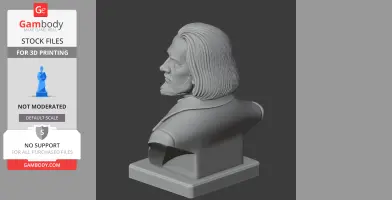 A 3D bust of a historical figure with shoulder-length hair and a beard on a pedestal for printing.